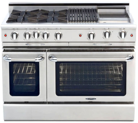 Capital Cooking - 48" Capital Culinarian Range - Self Clean - 25K BTU - 4 Open Burners + 12" BBQ and 12" Griddle (Centered) - CGSR482BG2