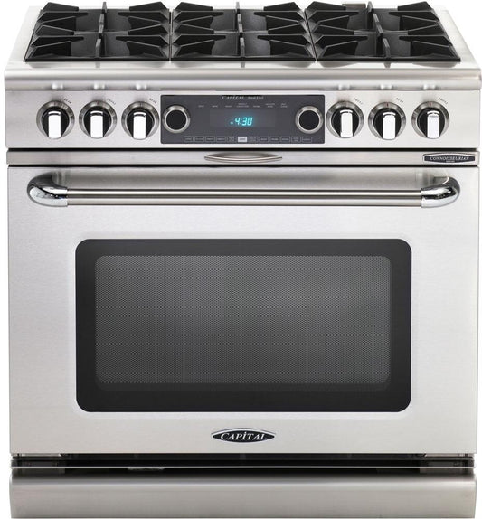 Capital Cooking - 36" Capital Connoisseurian Dual Fuel Range - Self Clean - 25K BTU - 6 Open Burners, 1 8K BTU Small Pan Burner - COB366