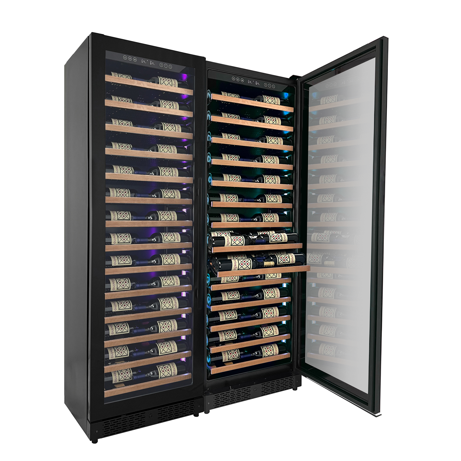 Allavino - Reserva Series 134 Bottle 71" Tall Dual Zone Black Side-by-Side Shallow Wine Refrigerator with Wood Front Shelves - BF 2X-VSW6771S-1B-W