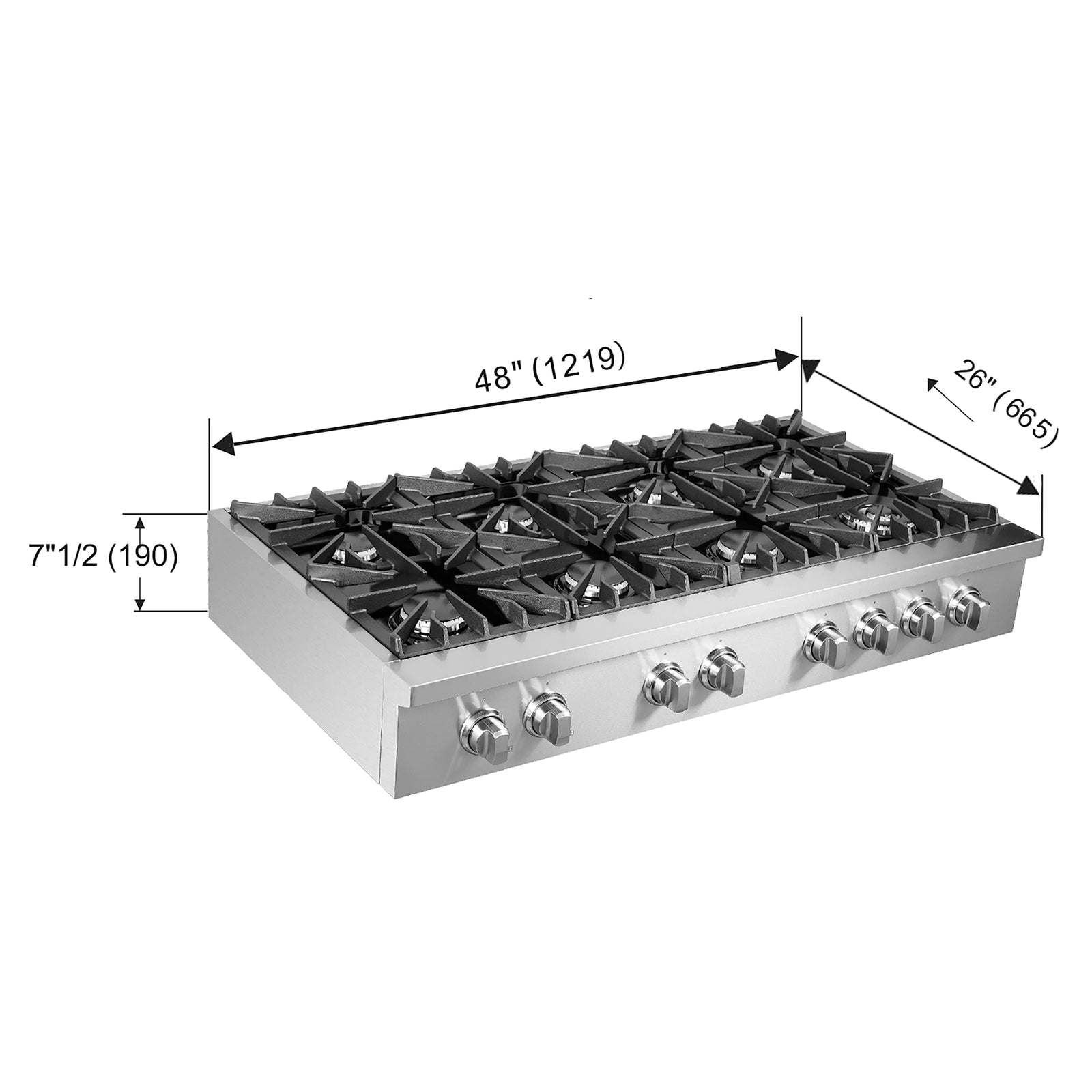 FORNO - Lseo 48-Inch Gas Range top, 8 Burners, Griddle in Stainless Steel