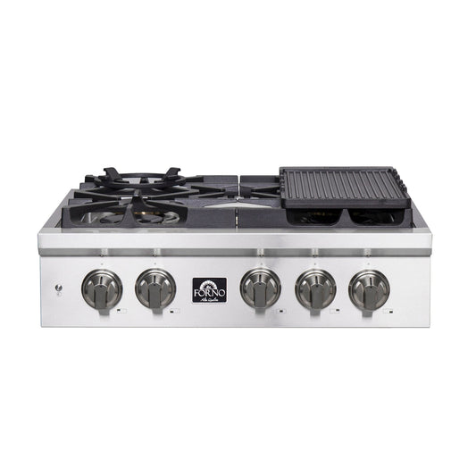 FORNO - Spezia 30-Inch Gas Rangetop, 5 Burners, Wok Ring and Grill/Griddle in Stainless Steel