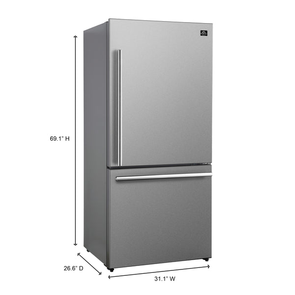 Forno - 31" Milano Espresso Bottom Freezer Right Swing Door Refrigerator in Stainless Steel, 17.2 cu. ft. Additionnal Antique Brass Handles Included - FFFFD1785-31S