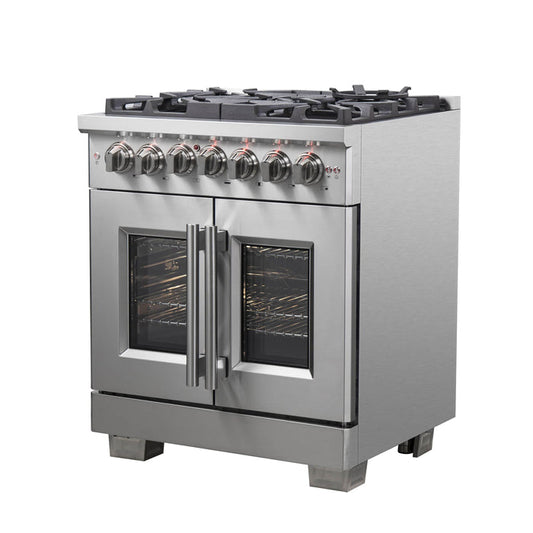 Forno 30-Inch Capriasca Dual Fuel Range with 5 Gas Burners, 100,000 BTUs, and French Door Electric Oven in Stainless Steel