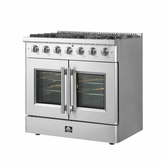 FORNO - 36-Inch Galiano Dual Fuel Range with 6 Gas Burners, 83,000 BTUs, & French Door Electric Oven in Stainless Steel