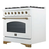 FORNO - Espresso Antico 36" 4.5 cu. ft. Dual Fuel Range with 6 Sealed Burners in White/Black with Antique Brass Accents