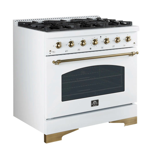 FORNO - Espresso Antico 36" 4.5 cu. ft. Dual Fuel Range with 6 Sealed Burners in White/Black with Antique Brass Accents