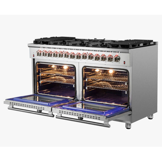 Forno - 60" Massimo 10-Sealed Burners Freestanding Dual Fuel Range in Stainless Steel Convention Oven
