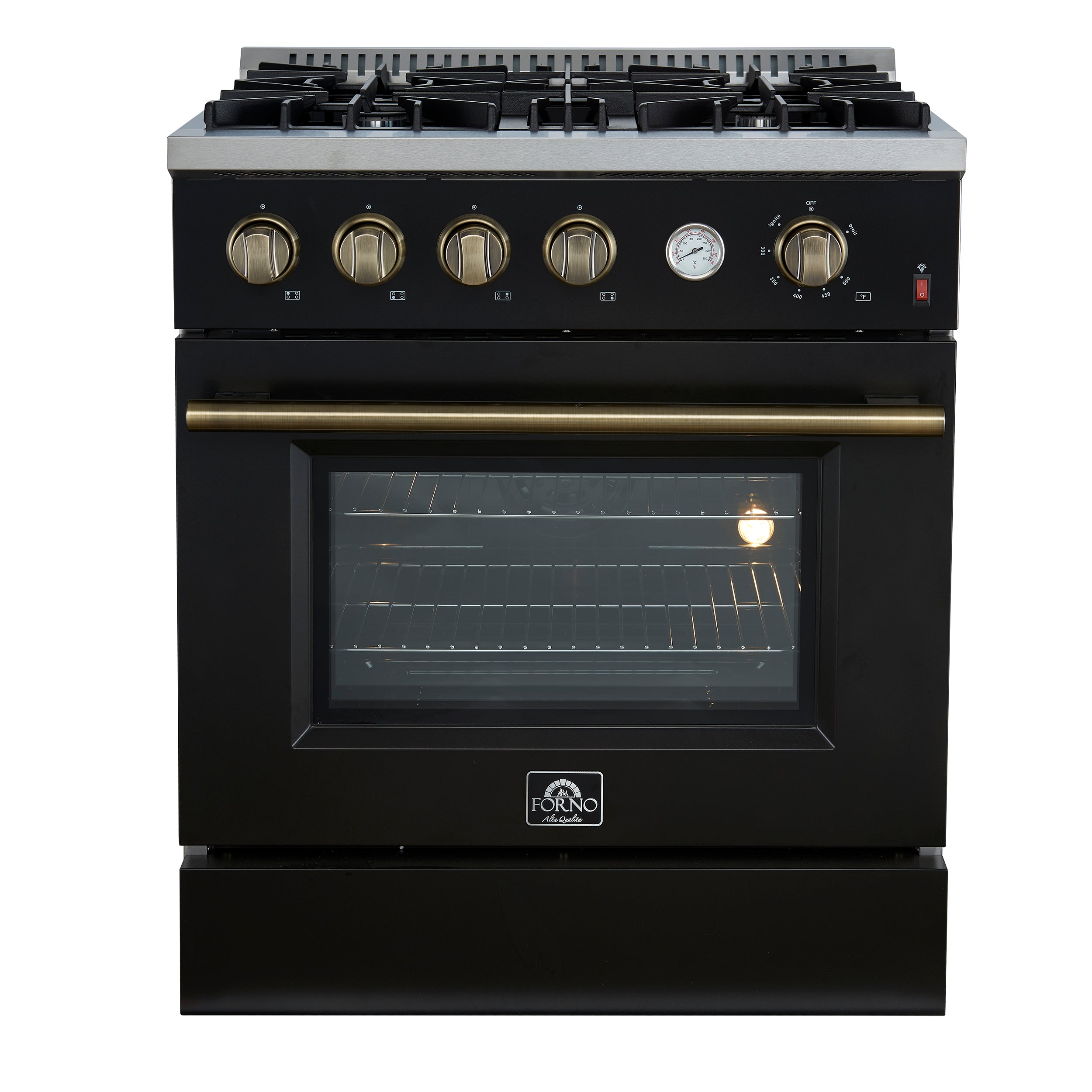 FORNO - Espresso Marco 30" 4.32 cu.ft. Gas Range with 4 Burners and Temperature Gauge in Black with Antique Brass Accents, FFSGS6277-30BLK