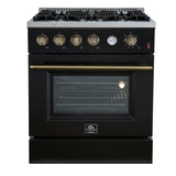 FORNO - Espresso Marco 30" 4.32 cu.ft. Gas Range with 4 Burners and Temperature Gauge in Black with Antique Brass Accents, FFSGS6277-30BLK