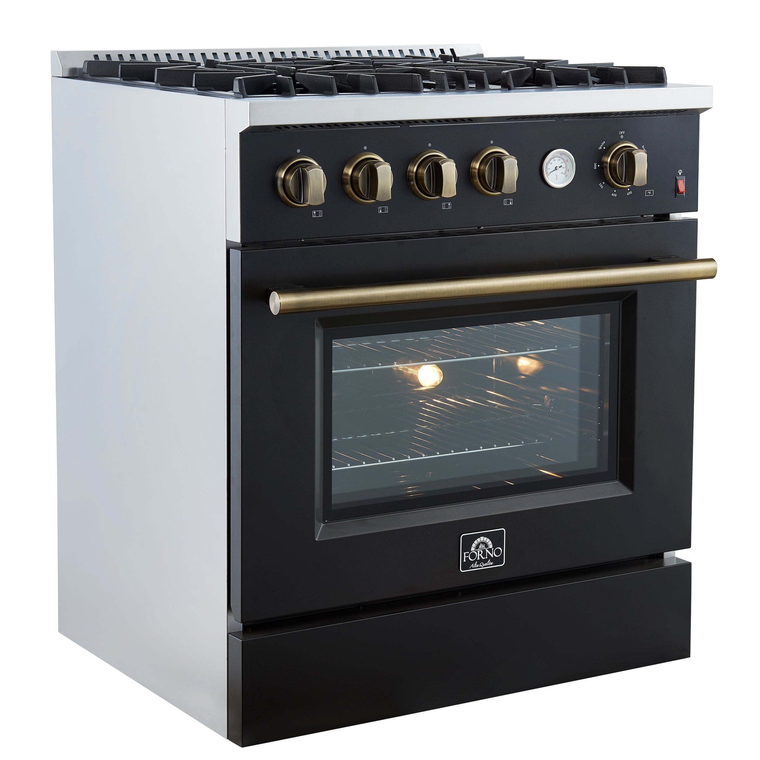 FORNO - Espresso Marco 30" 4.32 cu.ft. Gas Range with 4 Burners and Temperature Gauge in Black with Antique Brass Accents, FFSGS6277-30BLK