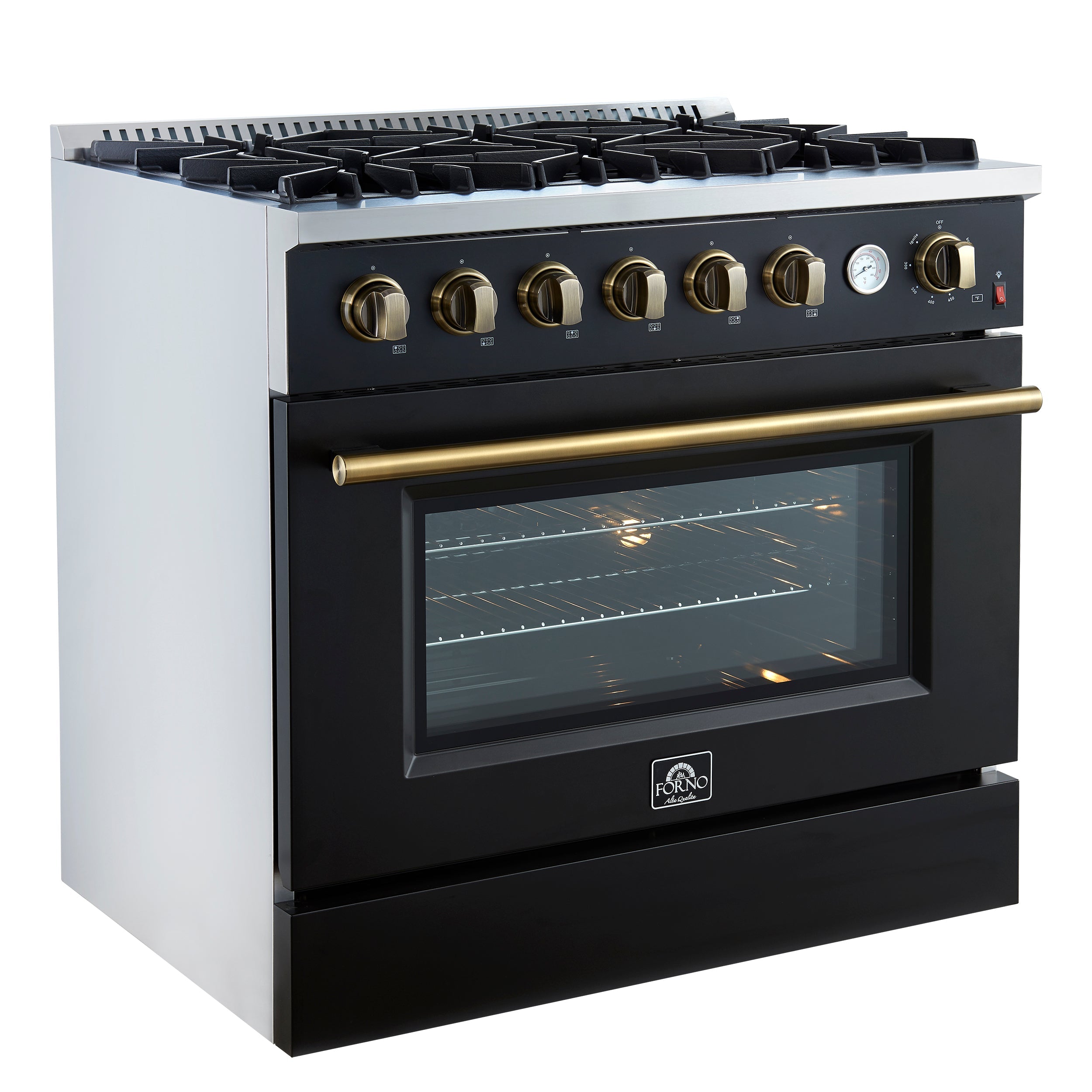 FORNO - Espresso Marco 36" 5.36 cu.ft. Gas Range with 6 Burners and Temperature Gauge in Black with Antique Brass Accents, FFSGS6277-36BLK