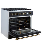 FORNO - Espresso Marco 36" 5.36 cu.ft. Gas Range with 6 Burners and Temperature Gauge in Black with Antique Brass Accents, FFSGS6277-36BLK