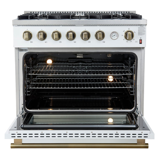 FORNO - Espresso Marco 36" 5.36 cu.ft. Gas Range with 6 Burners and Temperature Gauge in Black with Antique Brass Accents, FFSGS6277-36WHT