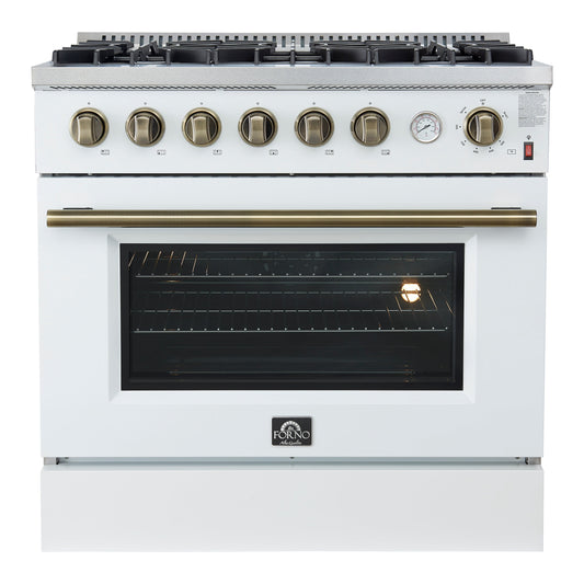 FORNO - Espresso Marco 36" 5.36 cu.ft. Gas Range with 6 Burners and Temperature Gauge in Black with Antique Brass Accents, FFSGS6277-36WHT