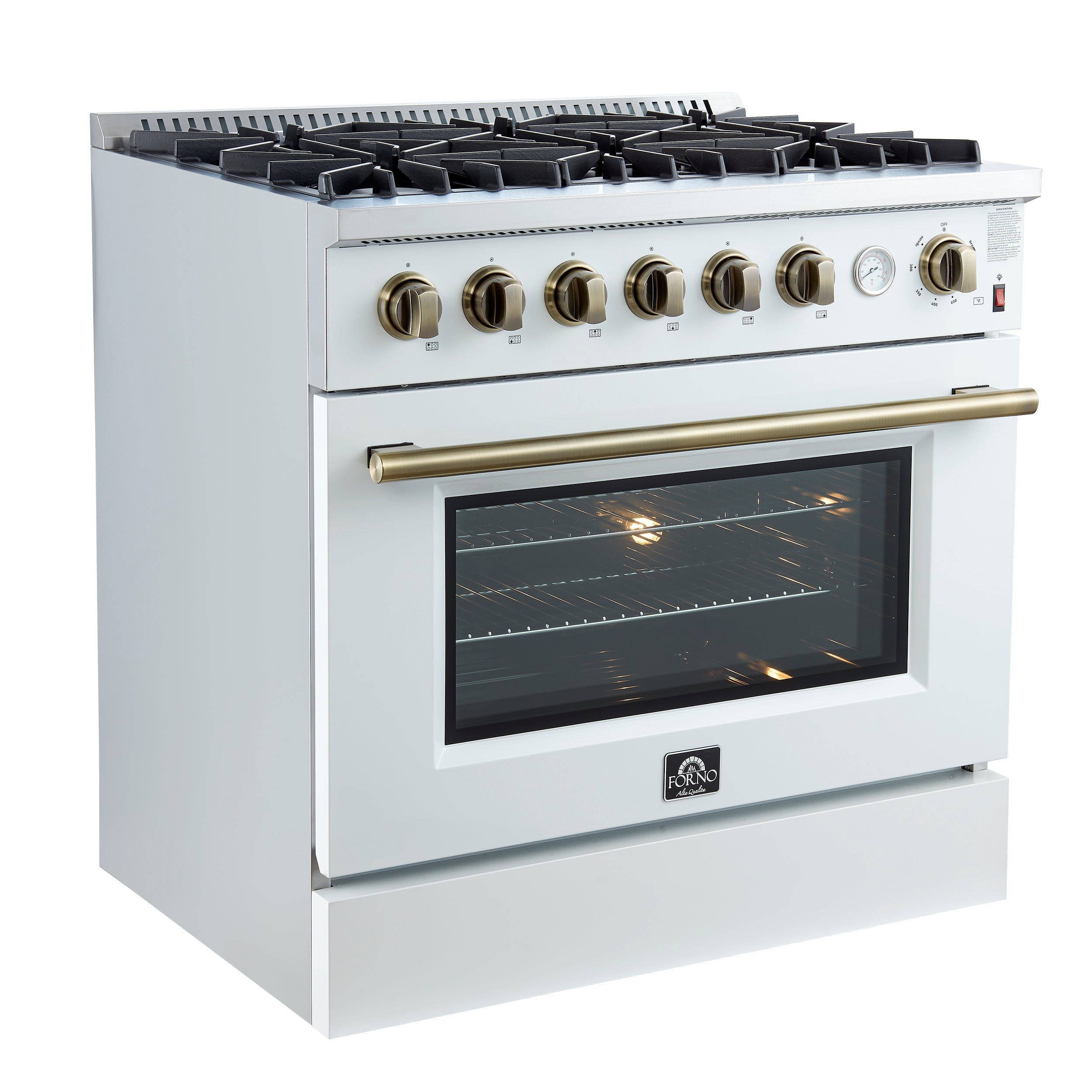 FORNO - Espresso Marco 36" 5.36 cu.ft. Gas Range with 6 Burners and Temperature Gauge in Black with Antique Brass Accents, FFSGS6277-36WHT