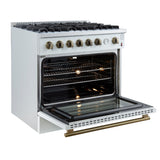 FORNO - Espresso Marco 36" 5.36 cu.ft. Gas Range with 6 Burners and Temperature Gauge in Black with Antique Brass Accents, FFSGS6277-36WHT
