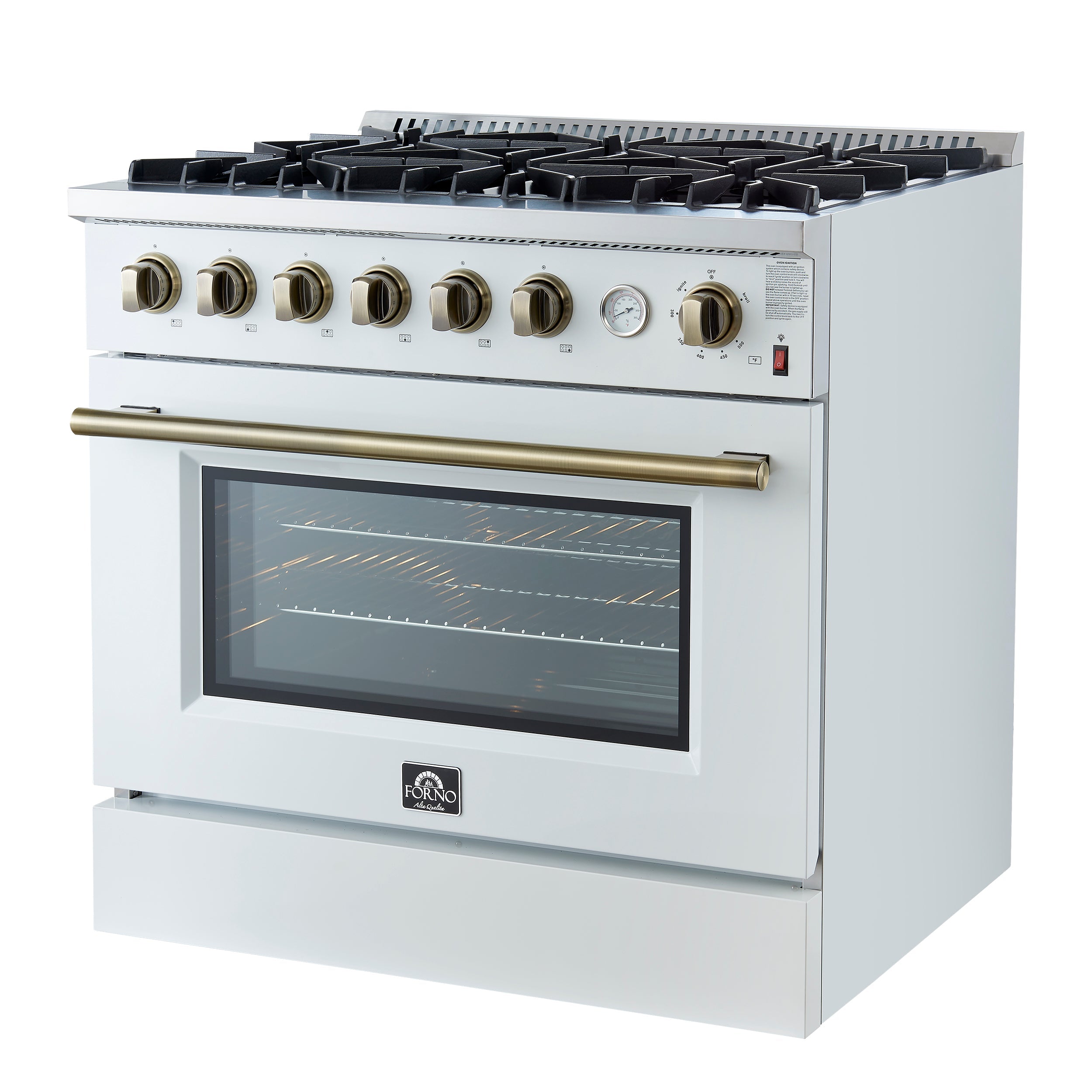 FORNO - Espresso Marco 36" 5.36 cu.ft. Gas Range with 6 Burners and Temperature Gauge in Black with Antique Brass Accents, FFSGS6277-36WHT