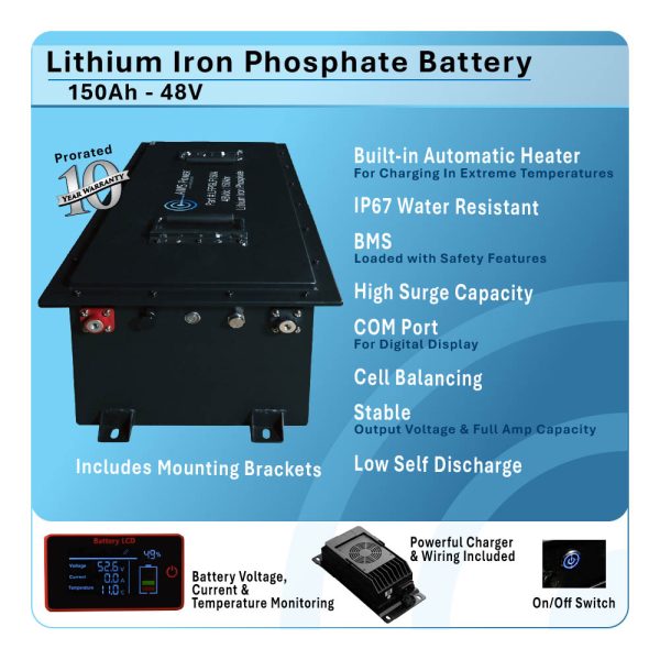 Aims Power - Golf Cart Lithium Battery 48V 150AH 7.6 kWh with Charger and Wiring kit