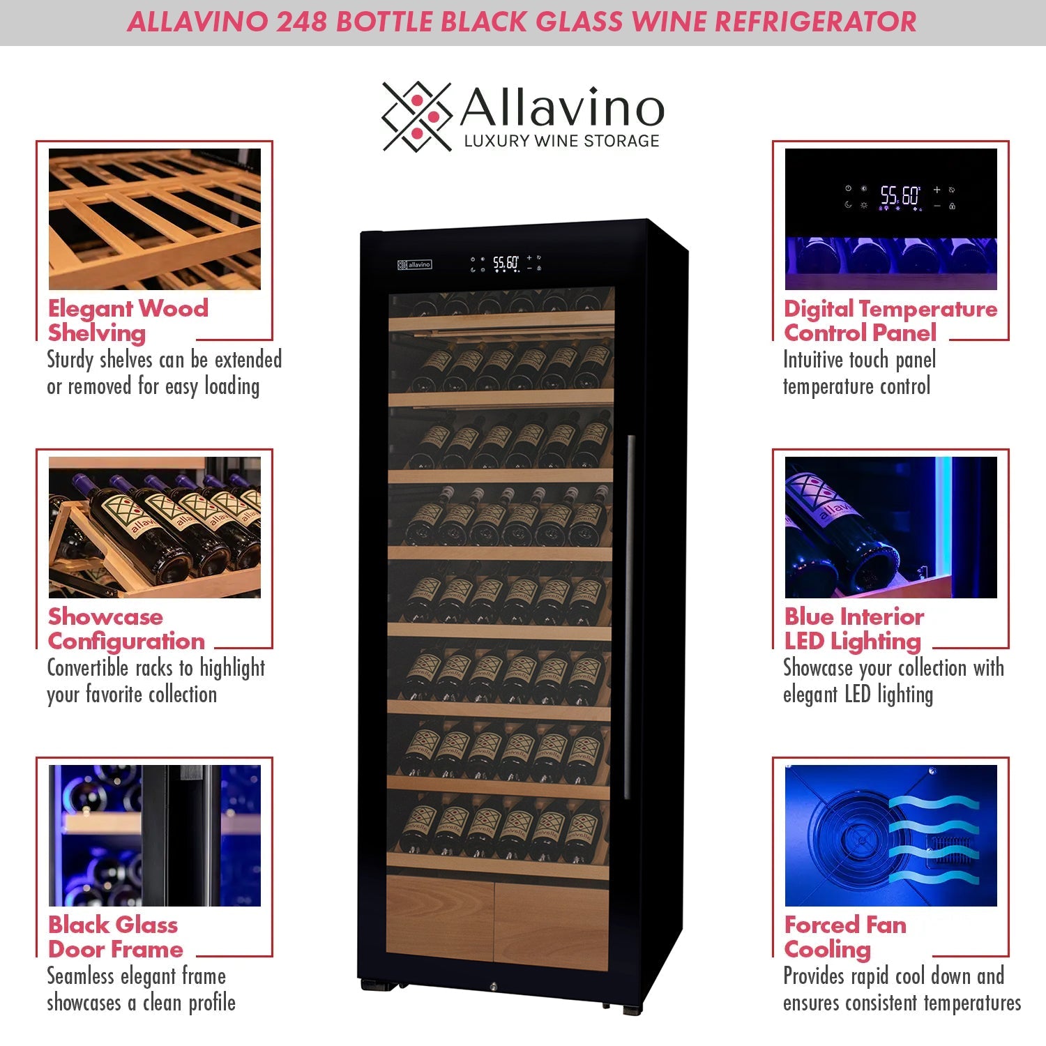 Allavino - 29" Wide 248 Bottle Single Zone Black Glass Wine Refrigerator with Display Shelving