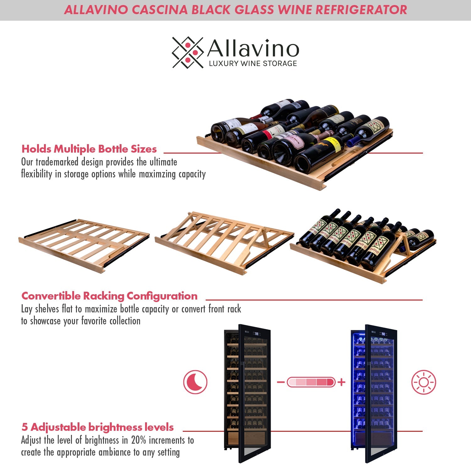 Allavino - 29" Wide 248 Bottle Single Zone Black Glass Wine Refrigerator with Display Shelving