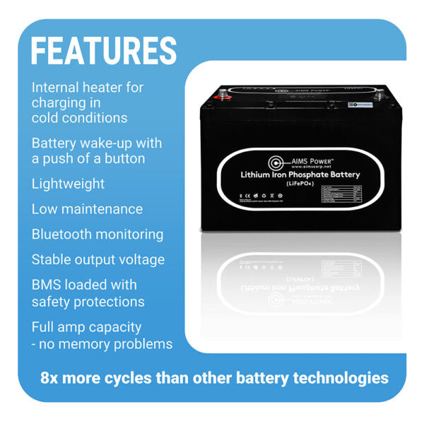 Aims Power - Lithium Battery 104Ah with Wake Up, Heater & BT Monitoring 12V LiFePO4
