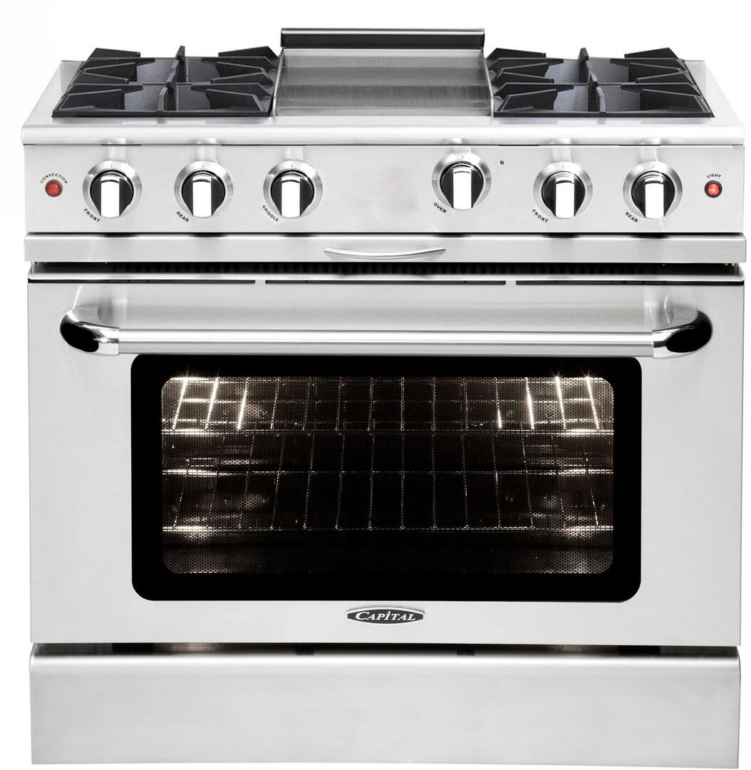 Capital Cooking - 36" Capital Culinarian Range - Manual Clean - 25K BTU - 4 Open Burners + 12" Griddle, 1 8K BTU Small Pan Burner - MCOR364G