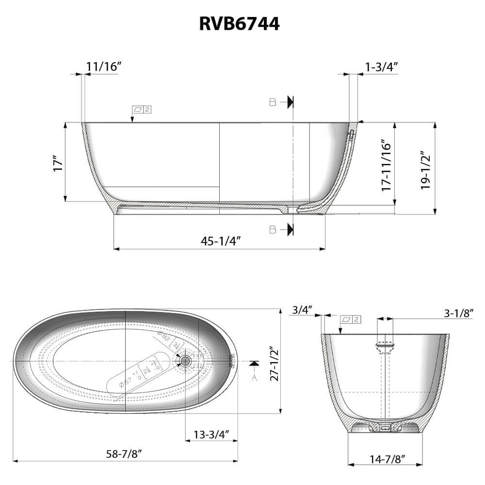 Ruvati - 59-inch Matte Black epiStone Solid Surface Oval Freestanding Bath Tub Canali – RVB6744BK