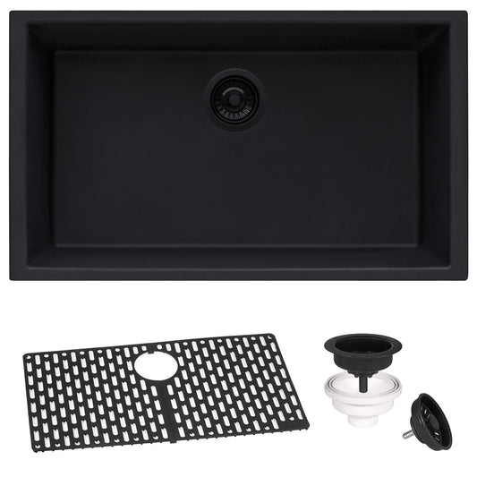Ruvati - 27 x 18 inch Granite Composite Undermount Single Bowl Kitchen Sink – Midnight Black – RVG2027BK