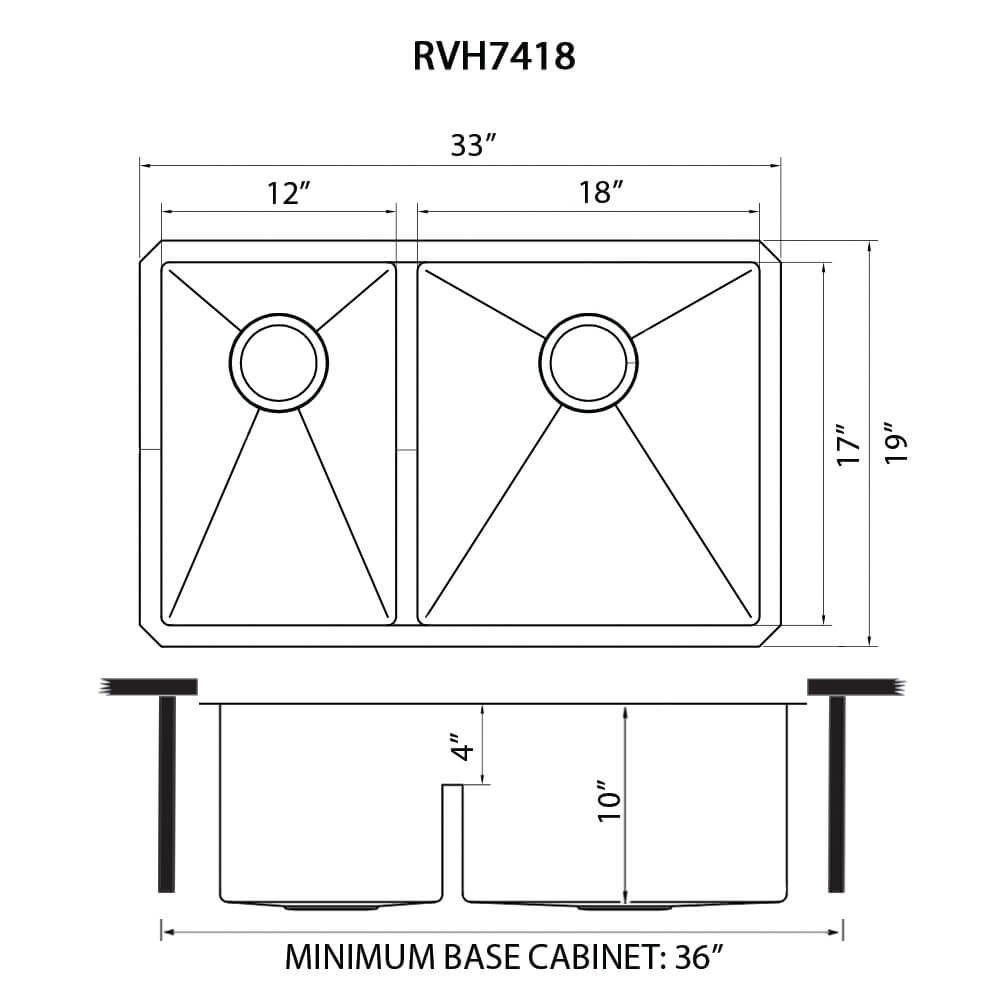 Ruvati - 33-inch Low-Divide Undermount 40/60 Double Bowl 16 Gauge Rounded Corners Stainless Steel Kitchen Sink – RVH7418