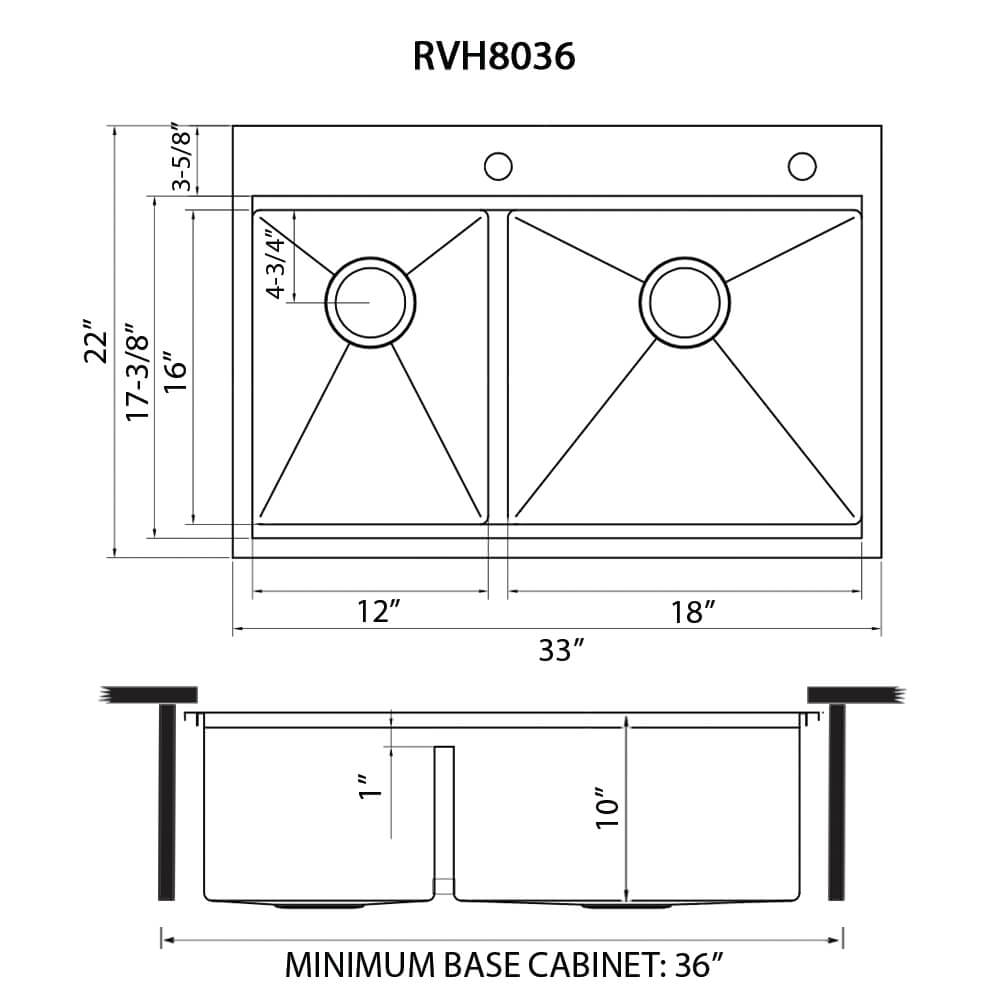 Ruvati - 33 x 22 inch Workstation Drop-in 40/60 Double Bowl Topmount Rounded Corners Kitchen Sink – RVH8036