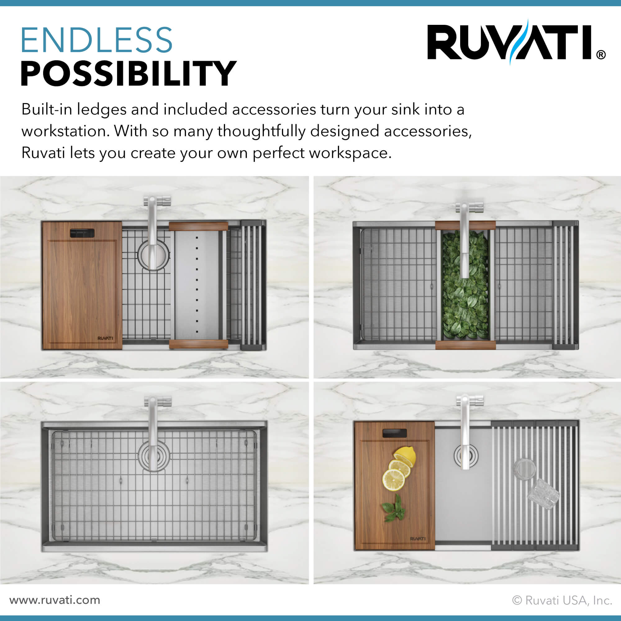 Ruvati - 30-inch Workstation Rounded Corners Undermount Ledge Kitchen Sink with Accessories – RVH8320