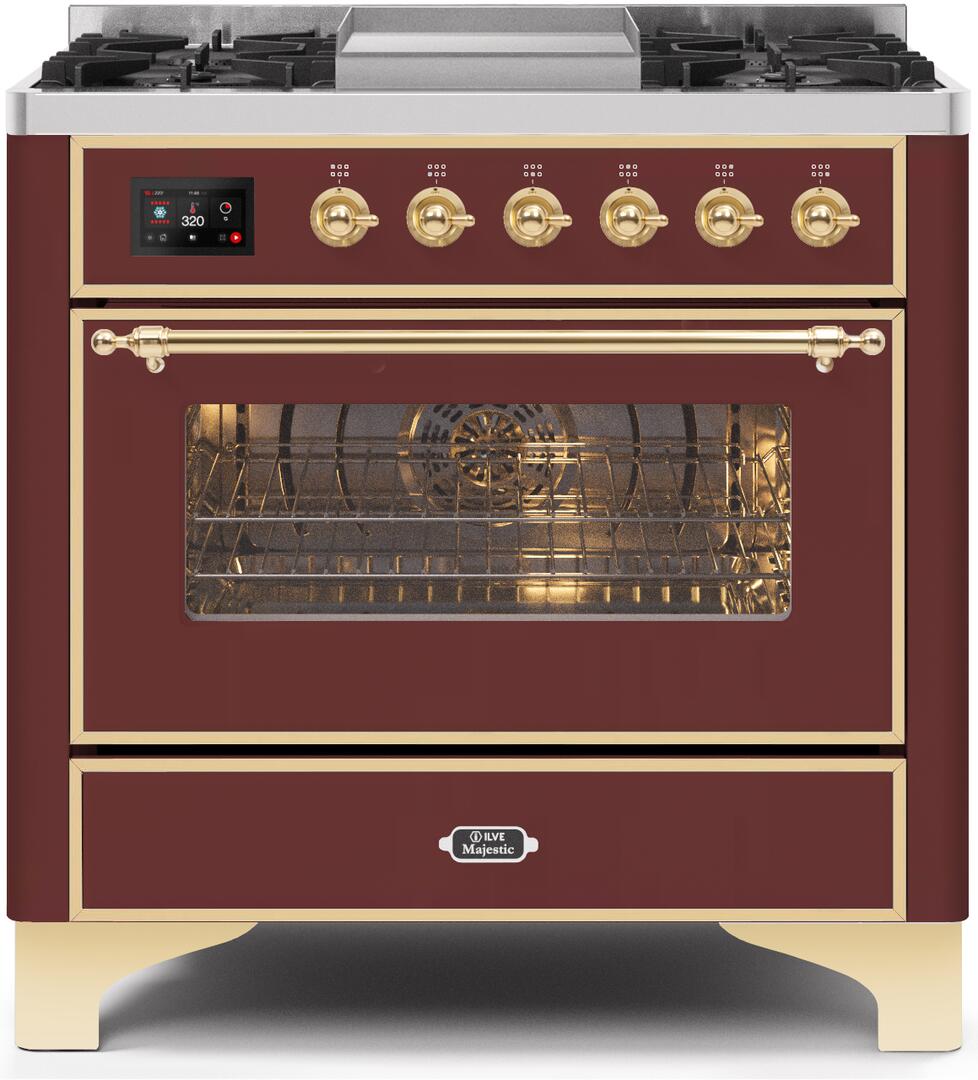 ILVE - 36" Magestic II Series Freestanding Dual Fuel Range - Griddle, Glass Door(s) - Warming Drawer - Natural Gas