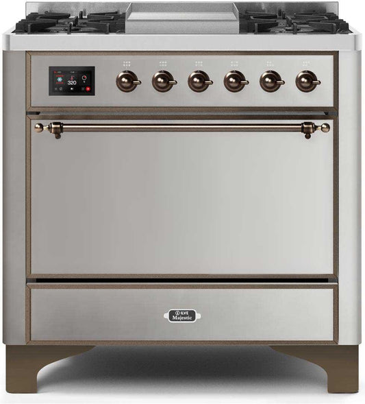 ILVE - 36" Magestic II Series Freestanding Dual Fuel Range - Griddle, Solid Door(s) - Warming Drawer - Natural Gas