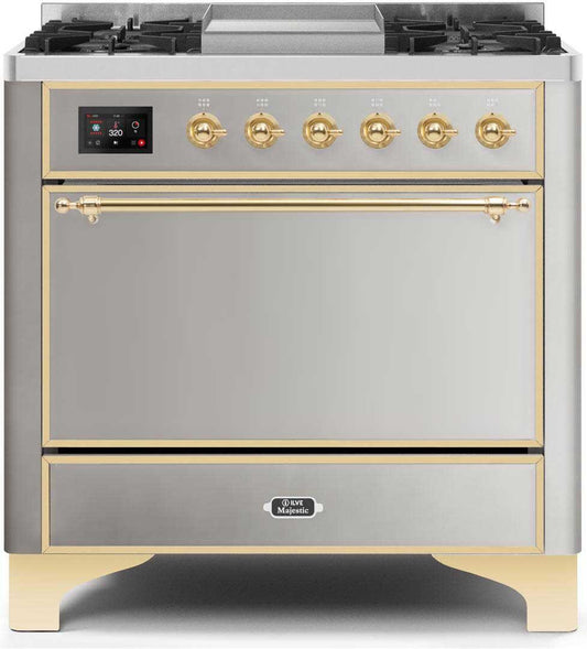 ILVE - 36" Magestic II Series Freestanding Dual Fuel Range - Griddle, Solid Door(s) - Warming Drawer - Natural Gas