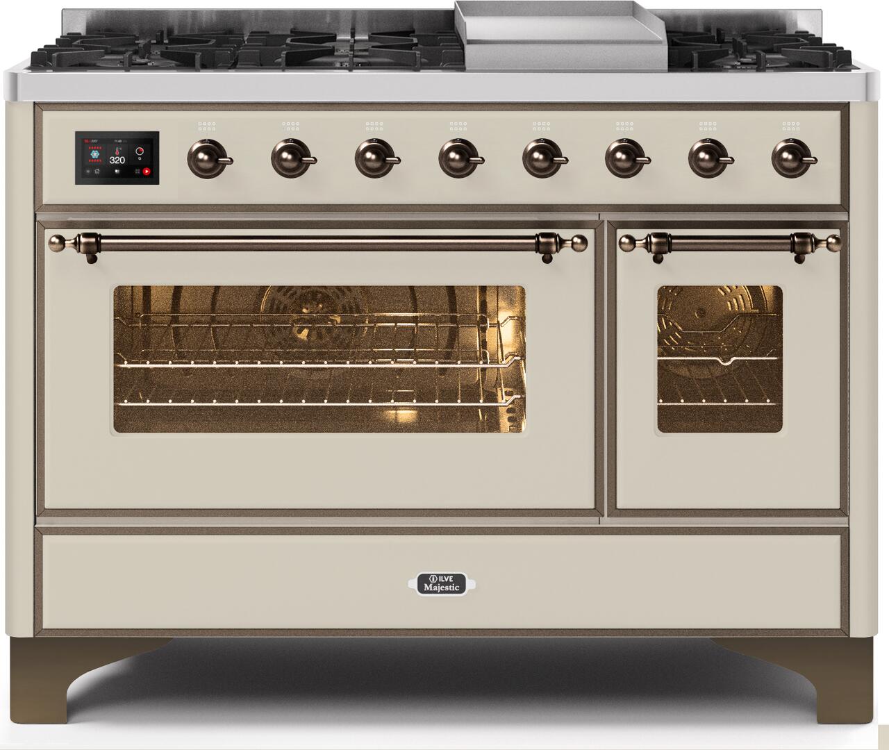 ILVE - 48" Magestic II Series Freestanding Dual Fuel Range - Griddle, Glass Door(s) - Warming Drawer - Natural Gas