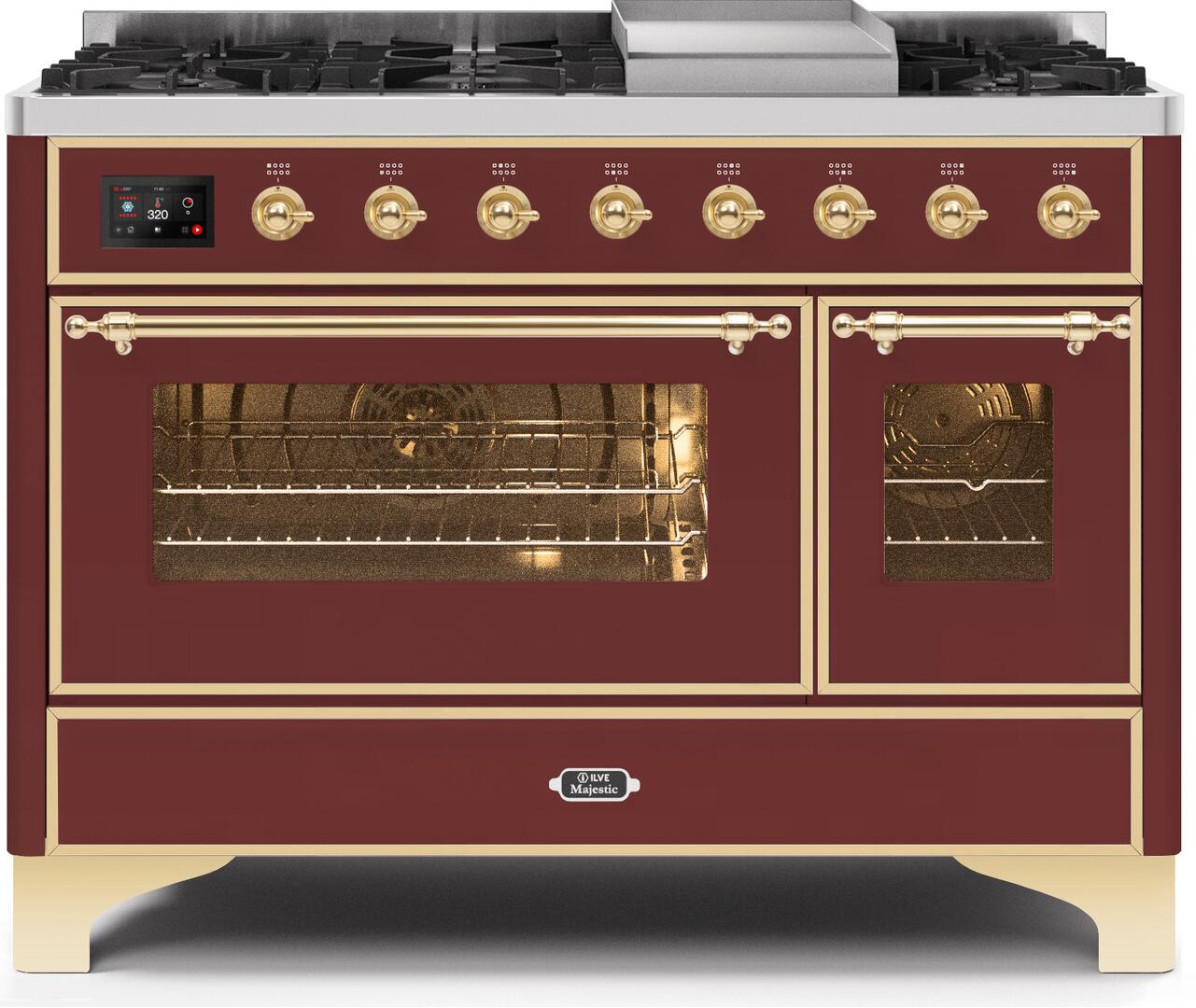 ILVE - 48" Magestic II Series Freestanding Dual Fuel Range - Griddle, Glass Door(s) - Warming Drawer - Natural Gas