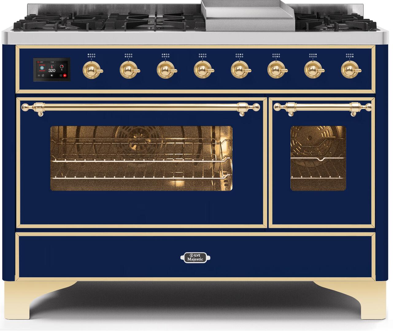 ILVE - 48" Magestic II Series Freestanding Dual Fuel Range - Griddle, Glass Door(s) - Warming Drawer - Natural Gas