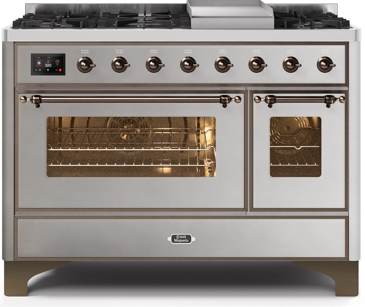 ILVE - 48" Magestic II Series Freestanding Dual Fuel Range - Griddle, Glass Door(s) - Warming Drawer - Natural Gas