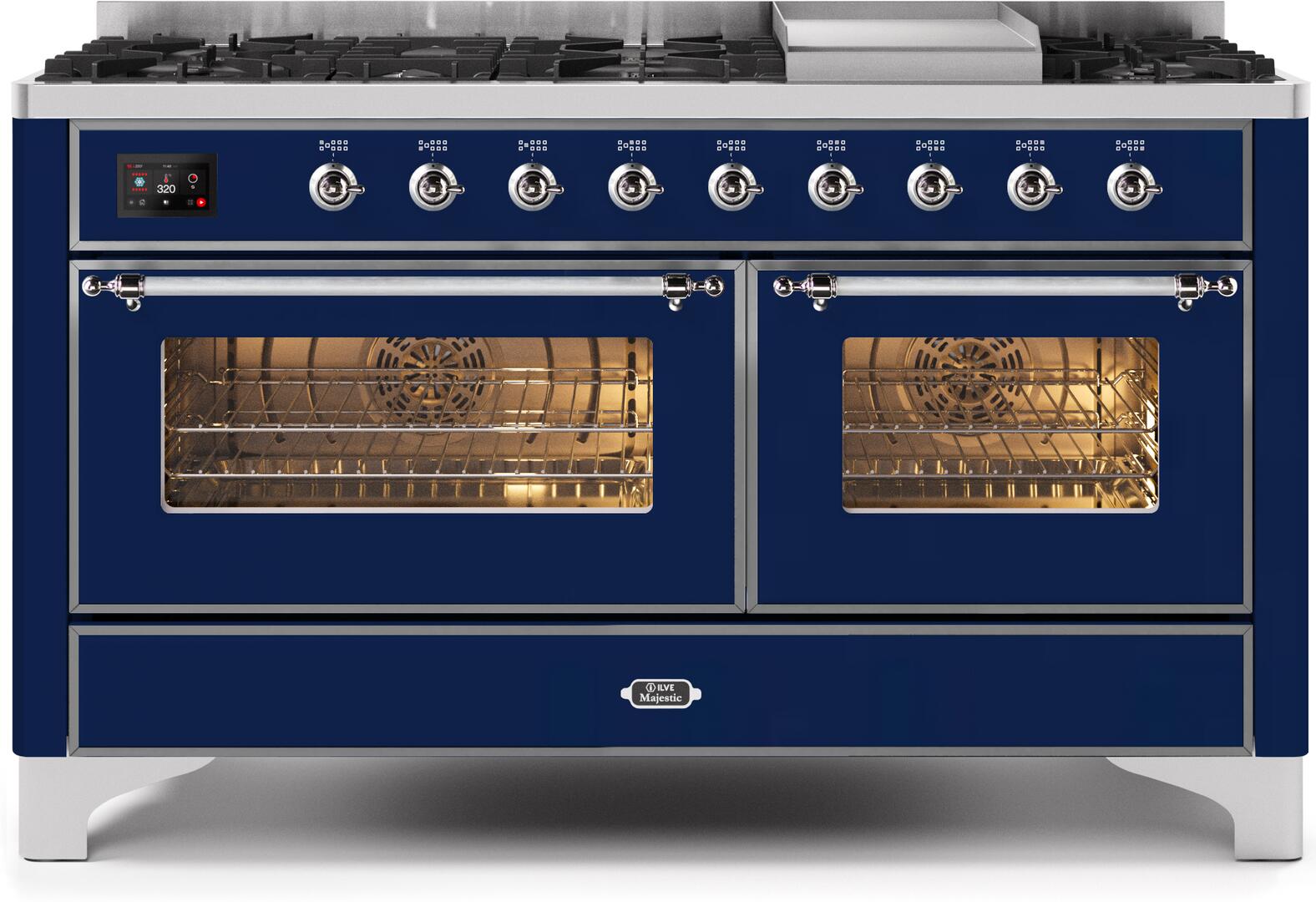 ILVE - 60" Magestic II Series Freestanding Dual Fuel Range - Griddle, Glass Door(s) - Warming Drawer - Natural Gas