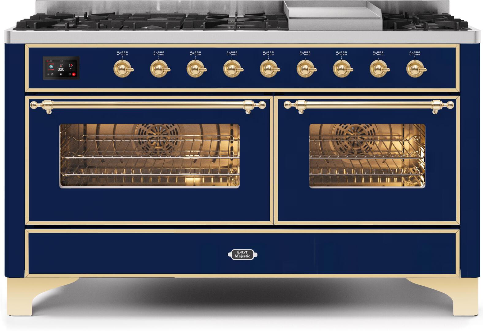 ILVE - 60" Magestic II Series Freestanding Dual Fuel Range - Griddle, Glass Door(s) - Warming Drawer - Natural Gas