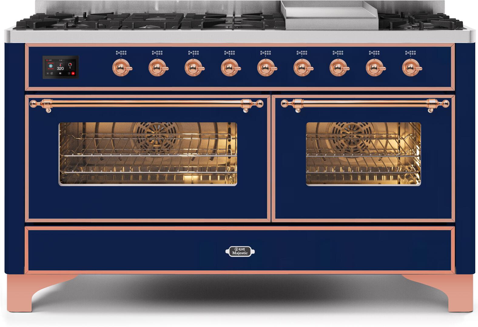 ILVE - 60" Magestic II Series Freestanding Dual Fuel Range - Griddle, Glass Door(s) - Warming Drawer - Natural Gas