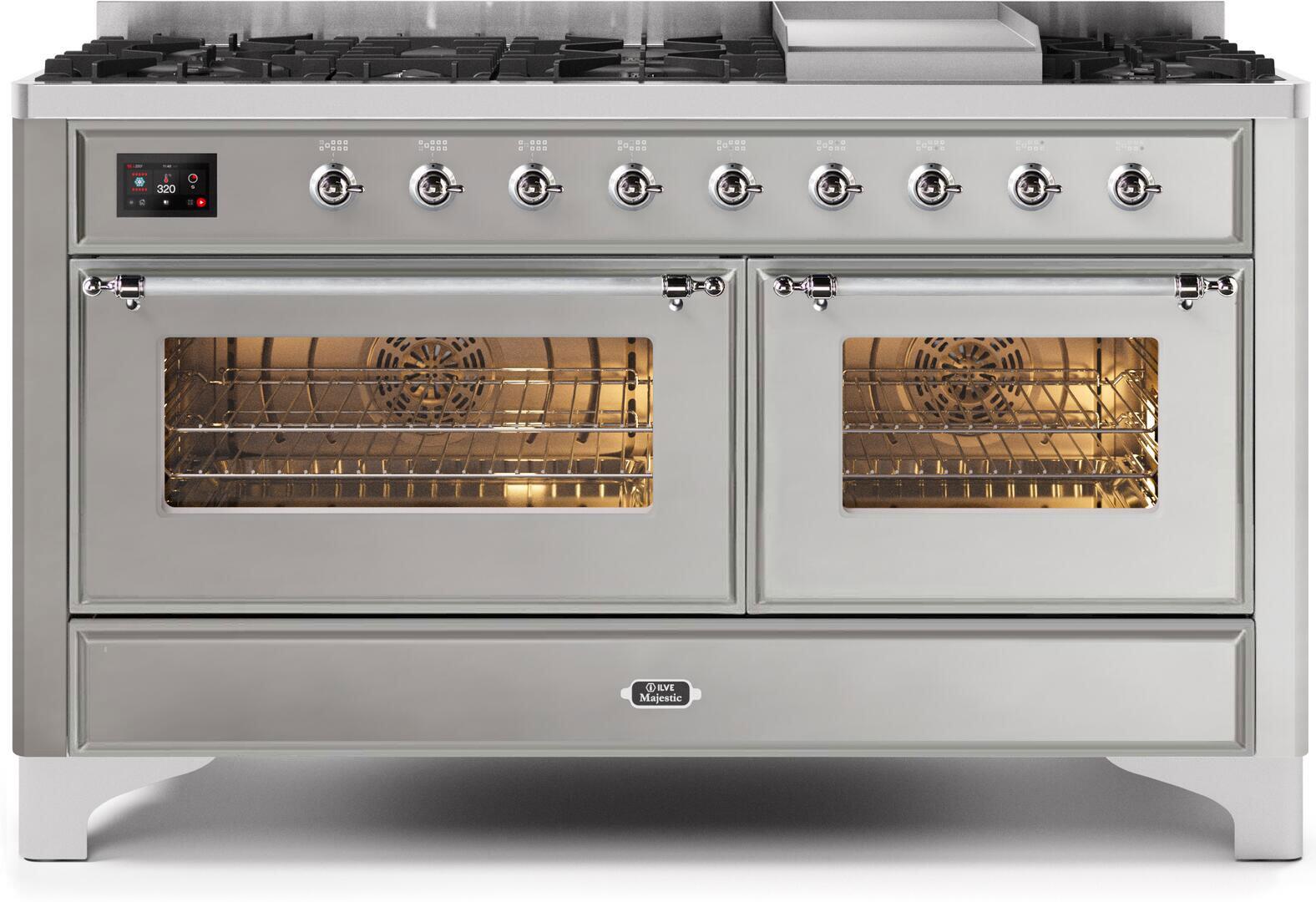 ILVE - 60" Magestic II Series Freestanding Dual Fuel Range - Griddle, Glass Door(s) - Warming Drawer - Natural Gas