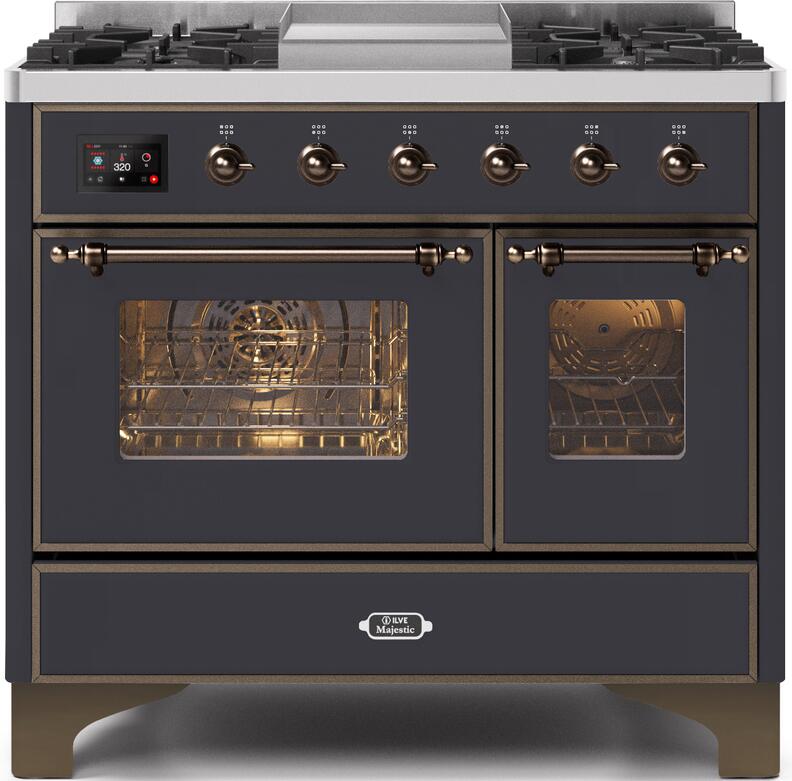 ILVE - 40" Magestic II Series Freestanding Dual Fuel Range - Double Oven - Griddle, Glass Door(s) - Warming Drawer - Natural Gas