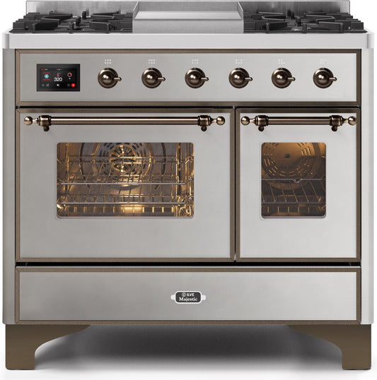 ILVE - 40" Magestic II Series Freestanding Dual Fuel Range - Double Oven - Griddle, Glass Door(s) - Warming Drawer - Natural Gas