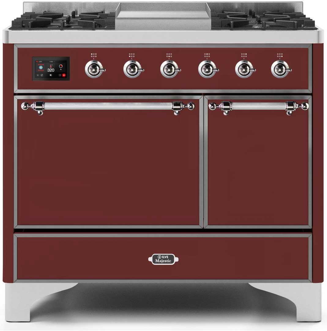 ILVE - 40" Magestic II Series Freestanding Dual Fuel Range - Double Oven - Griddle, Solid Door(s) - Warming Drawer - Natural Gas