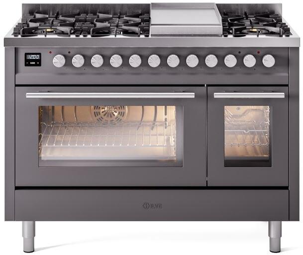 ILVE - 48" Pro Plus II Series Freestanding Dual Fuel Range - Double Oven - Viewing Window(s) - Griddle - Natural Gas