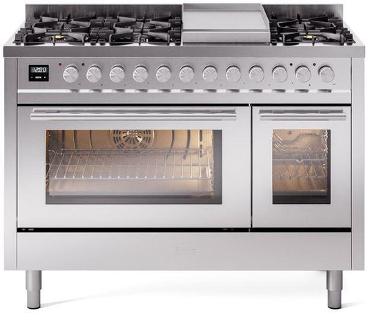 ILVE - 48" Pro Plus II Series Freestanding Dual Fuel Range - Double Oven - Viewing Window(s) - Griddle - Liquid Propane