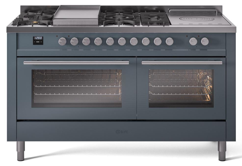 ILVE - 60" Pro Plus II Series Freestanding Dual Fuel Range - Double Oven - Viewing Window(s) - Griddle, Coup de Feu,- Natural Gas