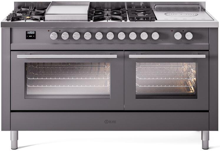 ILVE - 60" Pro Plus II Series Freestanding Dual Fuel Range - Double Oven - Viewing Window(s) - Griddle, Coup de Feu,- Natural Gas