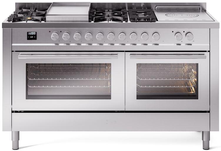 ILVE - 60" Pro Plus II Series Freestanding Dual Fuel Range - Double Oven - Viewing Window(s) - Griddle, Coup de Feu,- Natural Gas